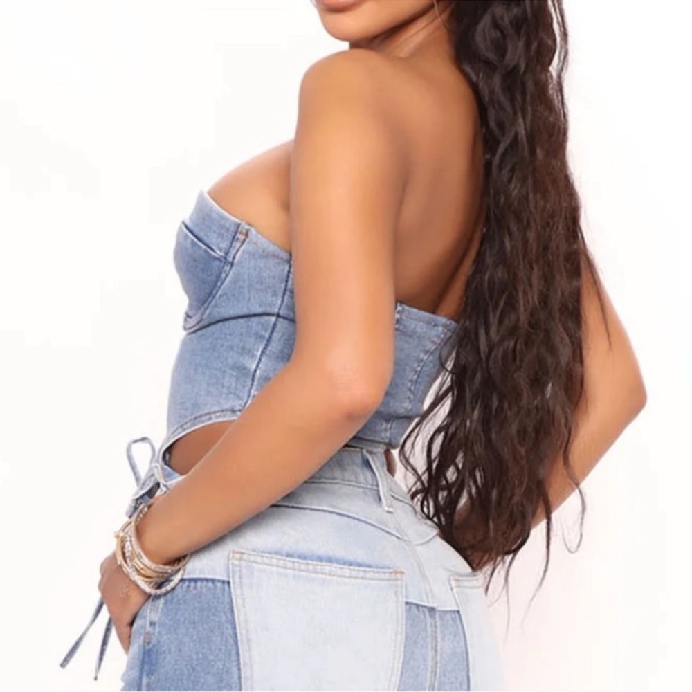 Fashion Nova Strapless Lace Up Denim Corset Top - Medium Wash - Picture 2 of 4